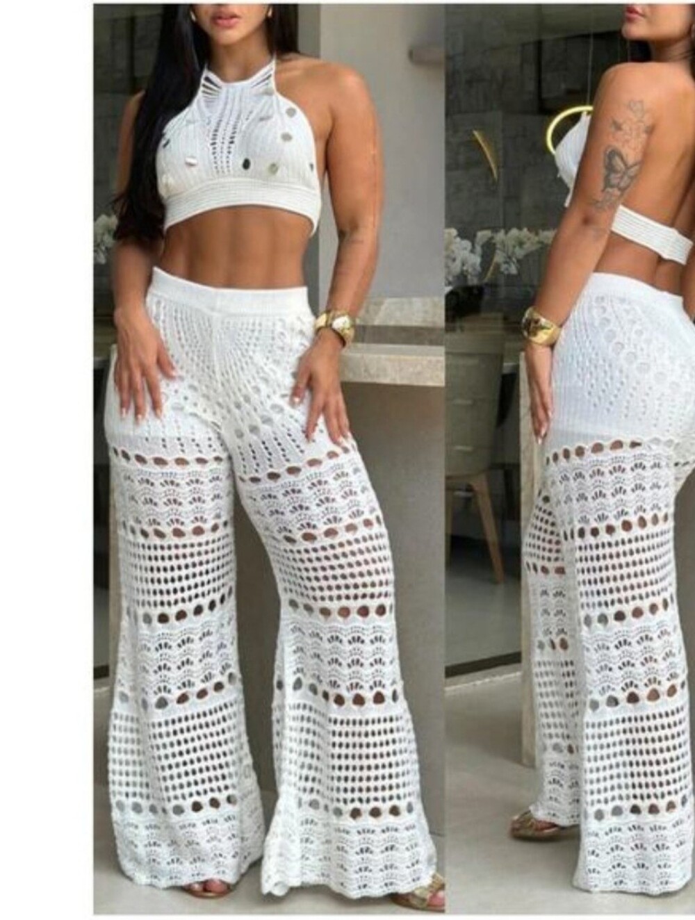 Chicme White Crochet Wide-Leg Pants by